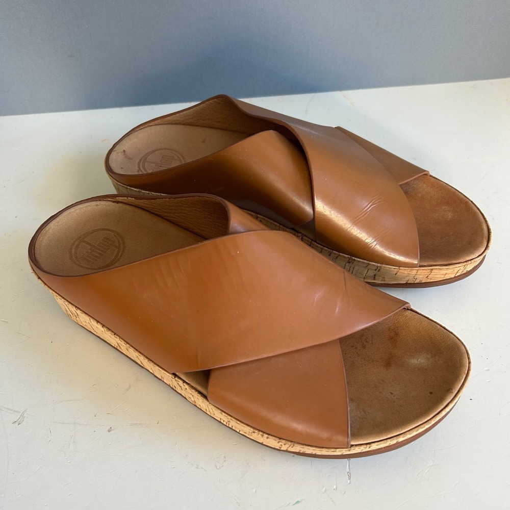 FitFlop wedge sandals womens size 8 KYS Brown Leather Criss Cross minimalist - Picture 3 of 9